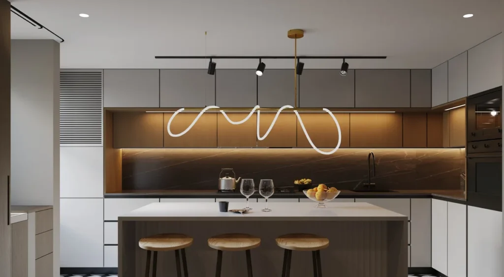 Cocina 1104: la isla y el pavimento en blanco y negro