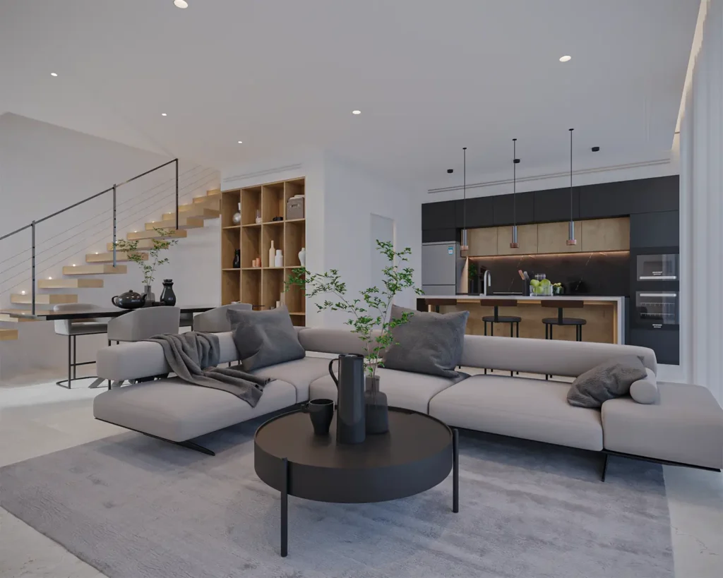 Casa Hema: salón con la cocina al fondo