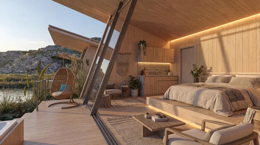 Glamping Armero: interior de un módulo, abierto a la terraza