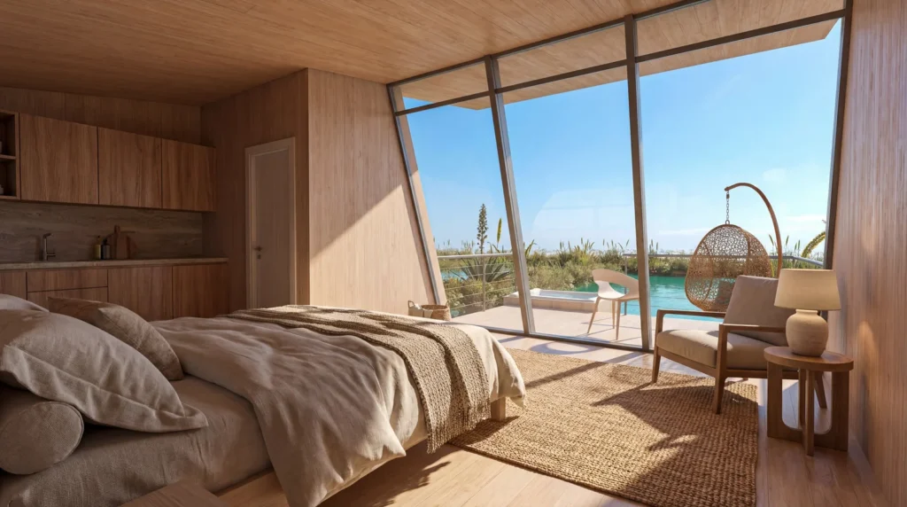 Glamping Armero: dormitorio de un módulo, con vistas al agua