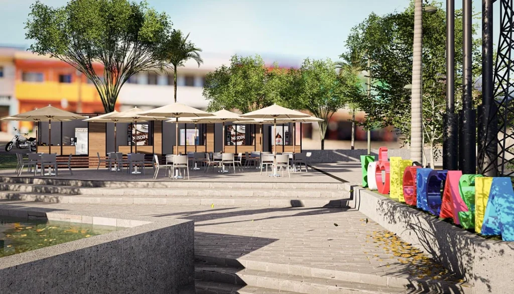Parque Norcasia: la plaza, con el letrero del municipio